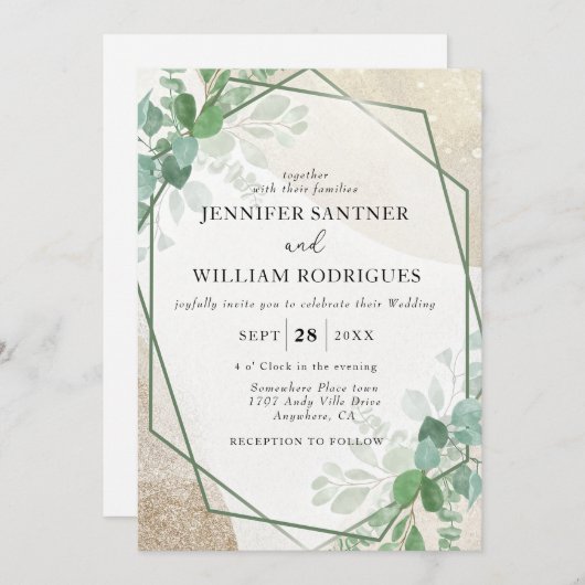 Invitation Budget Sage vert Eucalyptus Mariage de verdure (Devant / Derrière)