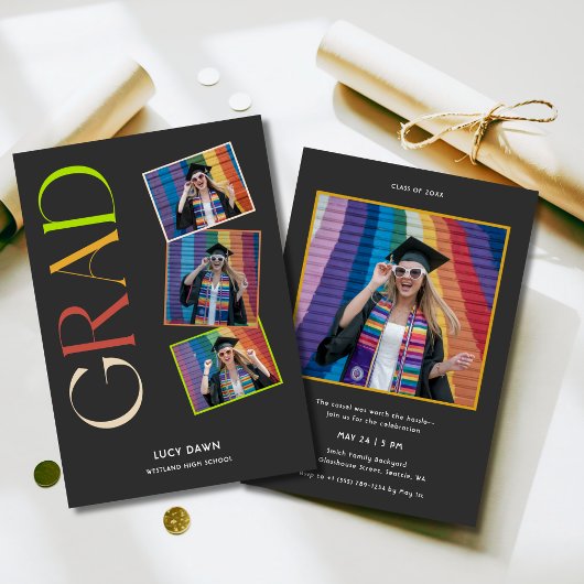 Invitation Budget simple 4 Photo Graduation rétro Super