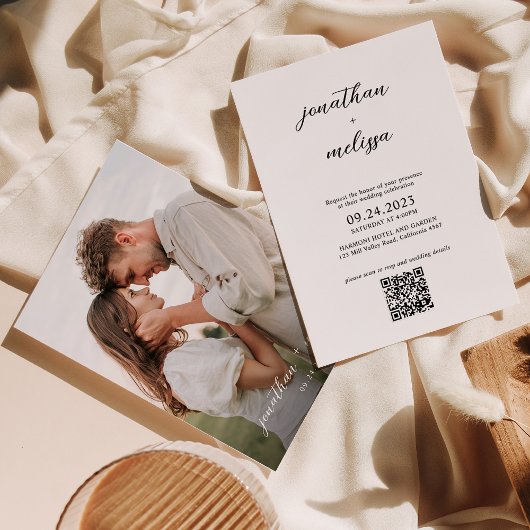 Invitation Budget Simple Moderne Script QR code Mariage photo