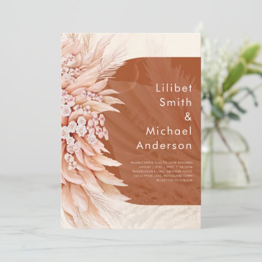 Invitation BUDGET Terracotta Coral Pampas Grass Mariage (Debout devant)