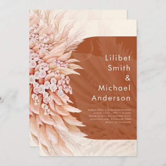 Invitation BUDGET Terracotta Coral Pampas Grass Mariage (Devant / Derrière)