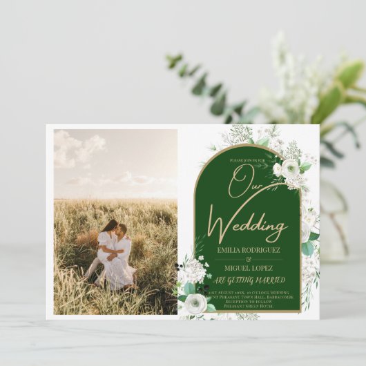 Invitation Budget Tout-en-1 Roses blanches Mariage vert Code  (Debout devant)