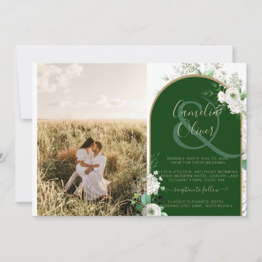Invitation Budget Tout-en-1 Roses blanches Mariage vert Code  (Devant)