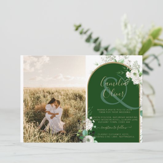 Invitation Budget Tout-en-1 Roses blanches Mariage vert Code  (Debout devant)