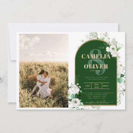 Invitation Budget Tout-en-1 Roses blanches Mariage vert Code (Devant)
