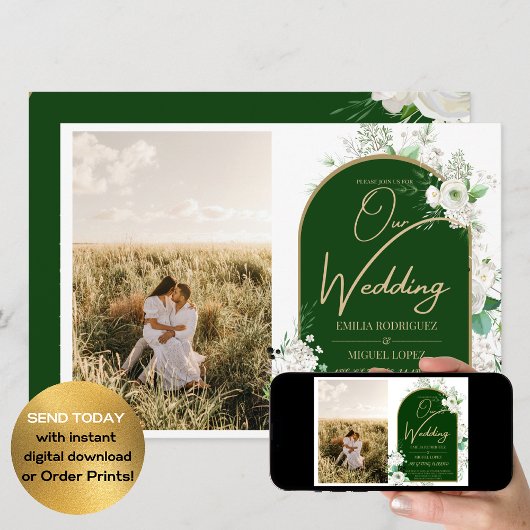 Invitation Budget Tout-en-1 Roses blanches Mariage vert Code 