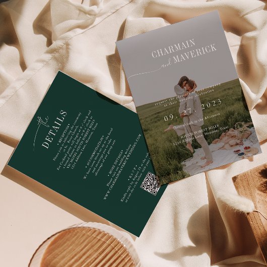 Invitation Budget tout en un + code QR Emerald Green Mariage