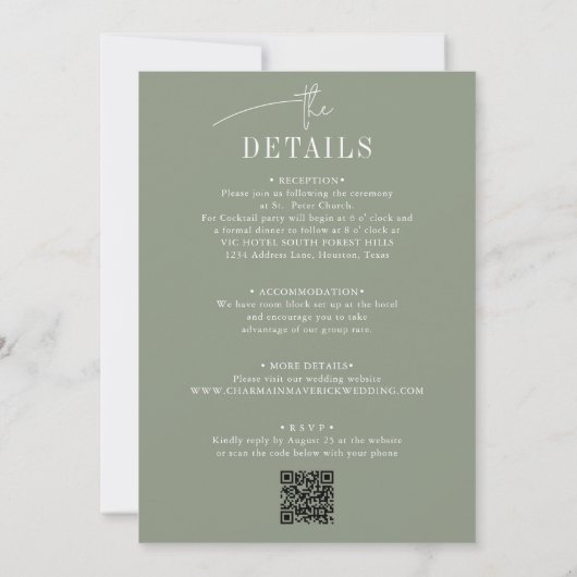 Invitation Budget tout en un + code QR Sage Green Mariage (Dos)