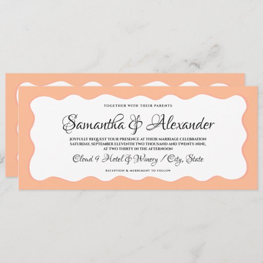 Invitation Budget Tout en un script moderne Peach Fuzz Mariag (Devant / Derrière)