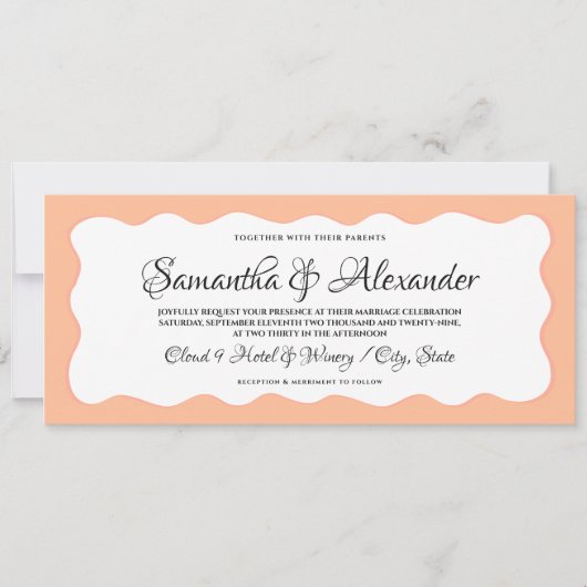 Invitation Budget Tout en un script moderne Peach Fuzz Mariag (Devant)