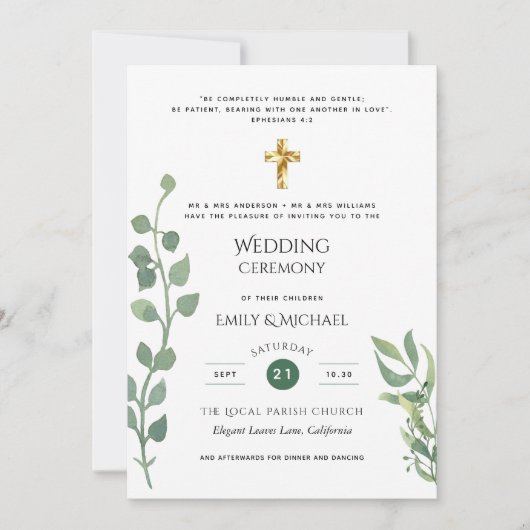 Invitation Budget Vert Eucalyptus Mariage catholique Invitati (Devant)
