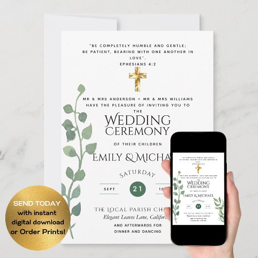 Invitation Budget Vert Eucalyptus Mariage catholique Invitati