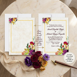 Invitation Budget vierge Bourgogne et jaune floral mariage