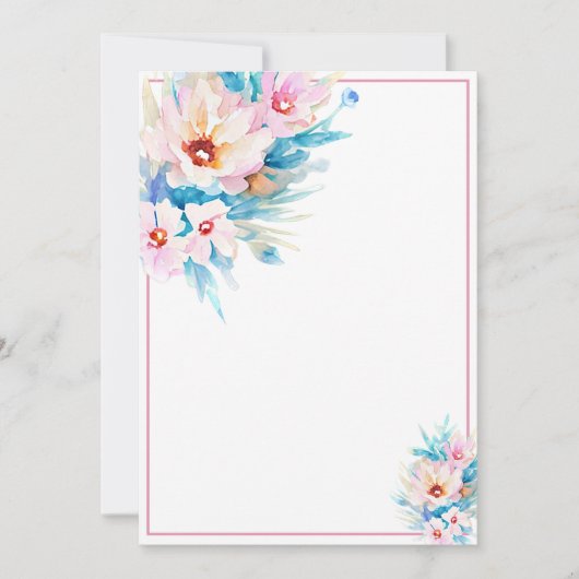 Invitation Budget vierge floral aquarelle rose et bleu (Devant)