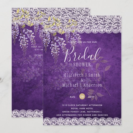 Invitation BUDGET Wisteria Floral Lace FÊTE DES MARIÉES INVIT (Devant / Derrière)