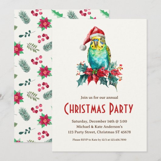 Invitation Budgie Bird Parakeet Santa Hat Noël (Devant / Derrière)