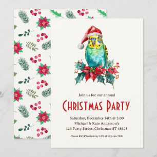 Invitation Budgie Bird Parakeet Santa Hat Noël