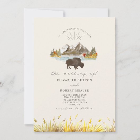 Invitation Buffalo Bison Mountains Automne Script Mariage (Devant)