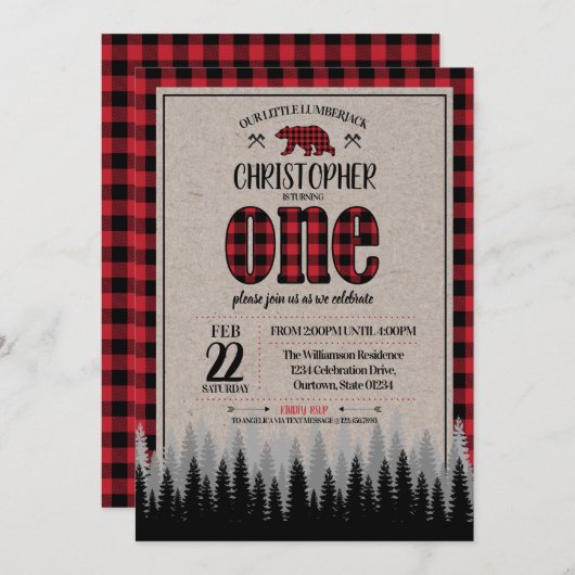 Invitation Buffalo Check Lumberjack Boy 1er anniversaire (Devant / Derrière)