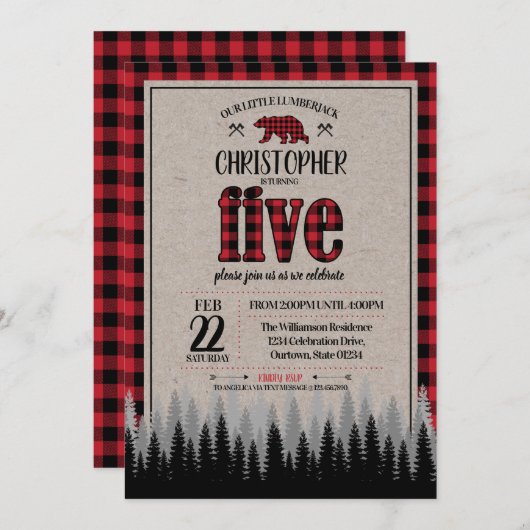 Invitation Buffalo Check Lumberjack Boy 5e anniversaire (Devant / Derrière)