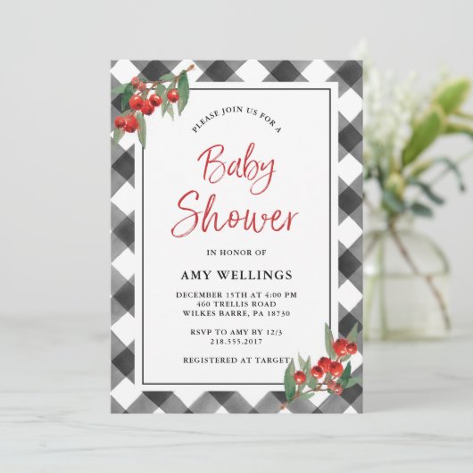 Invitation Buffalo Check Plaid Black White Custom Baby shower (Debout devant)