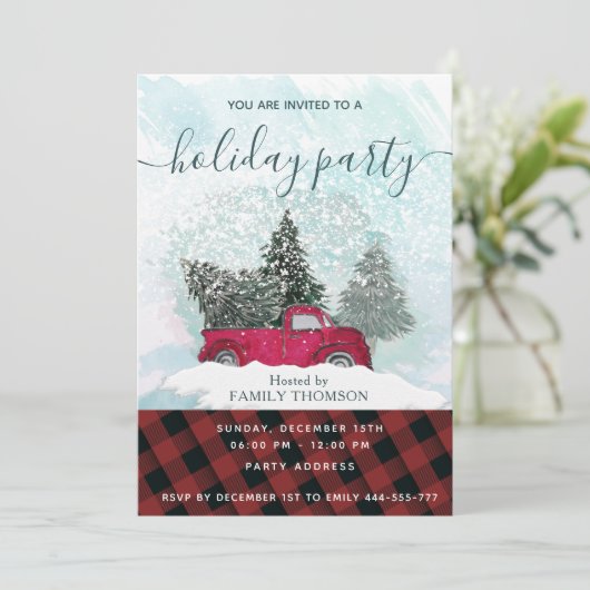 Invitation Buffalo plaid camion rouge scène hiver invi (Debout devant)