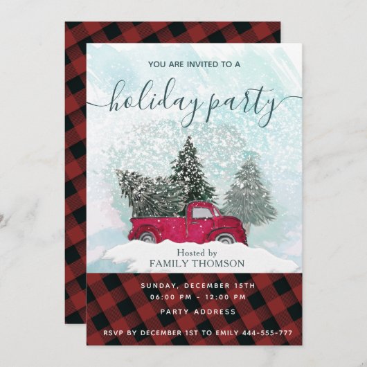 Invitation Buffalo plaid camion rouge scène hiver invi (Devant / Derrière)