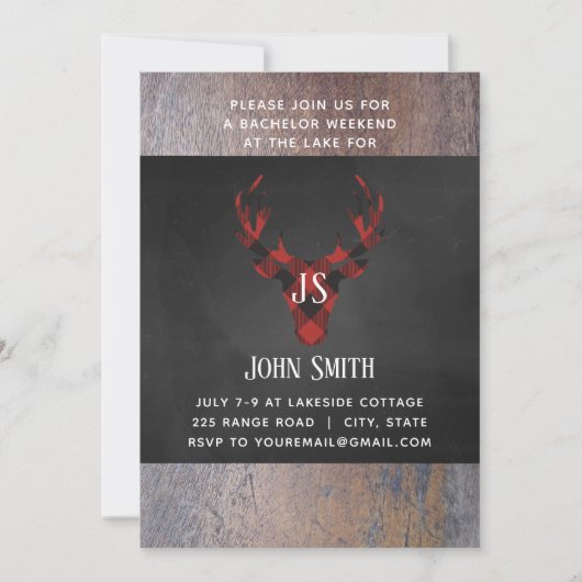 Invitation Buffalo Plaid Deer Head Monogramme Bachelor Party (Devant)