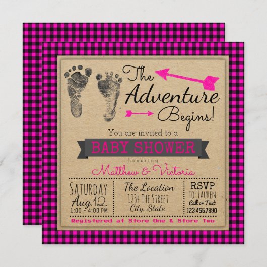 Invitation Buffalo Plaid Girls Boho Baby shower (Devant / Derrière)
