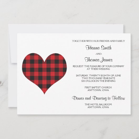Invitation Buffalo Plaid Mariage Black Red Heart (Devant)