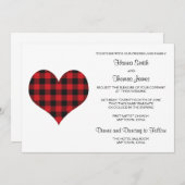 Invitation Buffalo Plaid Mariage Black Red Heart (Devant / Derrière)