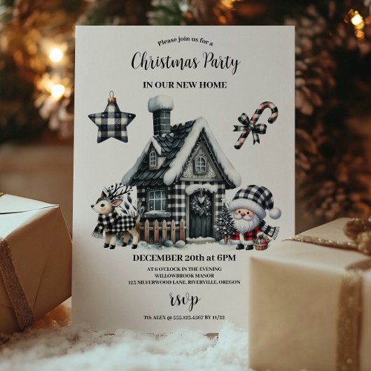 Invitation Buffalo Plaid Noir et Blanc Famille Noël