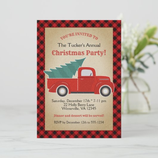 Invitation Buffalo Plaid Red Truck and Tree Christmas Party (Debout devant)