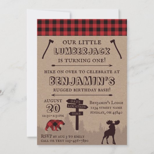 Invitation Buffalo rustique Plaid Lumberjack thème d'annivers (Devant)