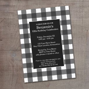 Invitation Buffle blanc et noir rustique Plaid Anniversaire