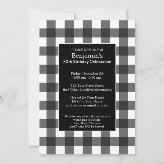 Invitation Buffle blanc et noir rustique Plaid Anniversaire (Devant)