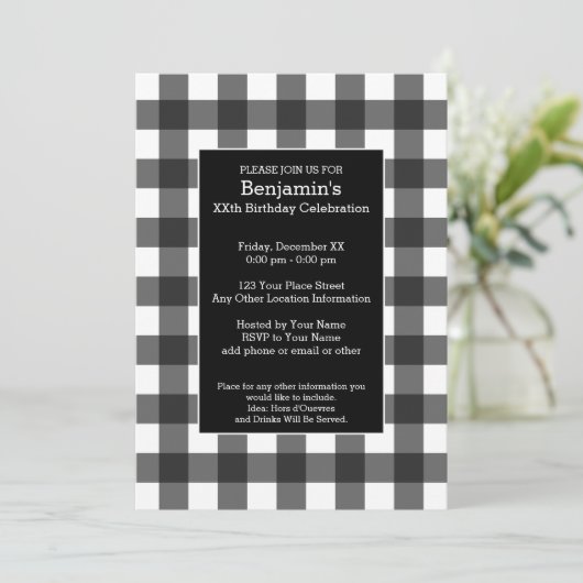 Invitation Buffle blanc et noir rustique Plaid Anniversaire (Debout devant)