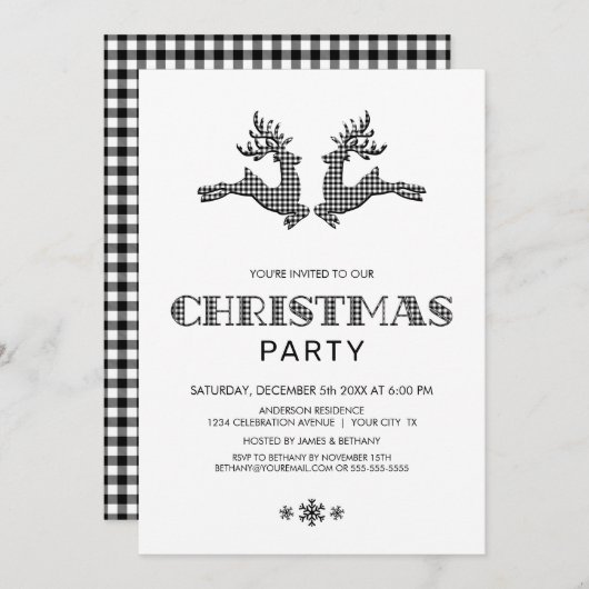 Invitation Buffle noir blanc Plaid Deer Christmas Party (Devant / Derrière)