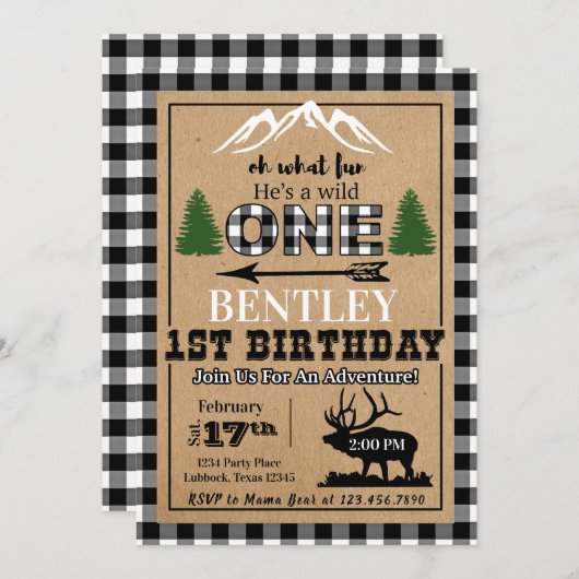 Invitation Buffle noir blanc Plaid Moose Birthday Invitatiati (Devant / Derrière)