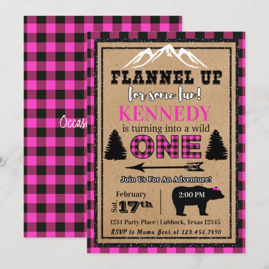 Invitation Buffle noir rose Plaid Girl Anniversaire Invitatio (Devant / Derrière)