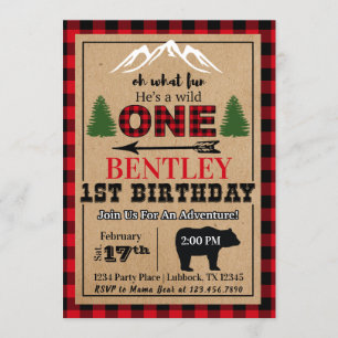 Invitation Buffle noir rouge Plaid Anniversaire Fête Invitati