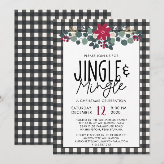 Invitation Buffle noir rustique blanc Plaid Christmas Party (Devant / Derrière)