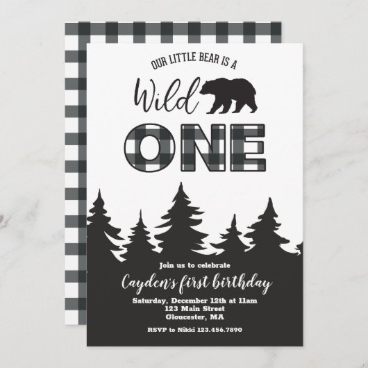 Invitation Buffle Ours Sauvage Posé Premier anniversaire Invi (Devant / Derrière)