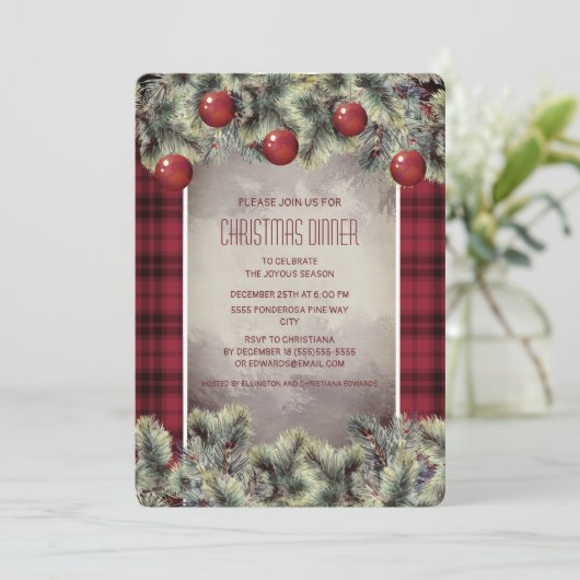 Invitation Buffle Rustique Plaid Silver Grey Dîner de Noël (Debout devant)