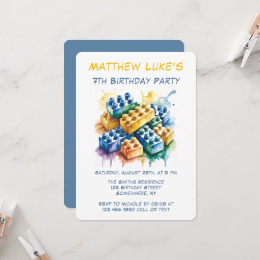 Invitation Building Block Splash Boy Birthday Party (Devant/Arrière en situation)