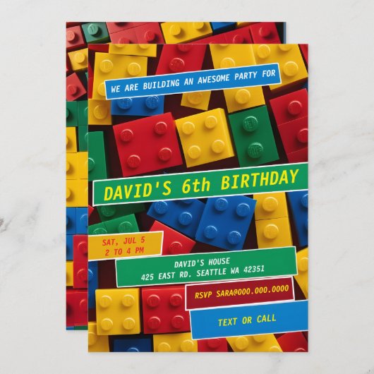 Invitation Building Blocks Building Bricks Blocks Birthday (Devant / Derrière)