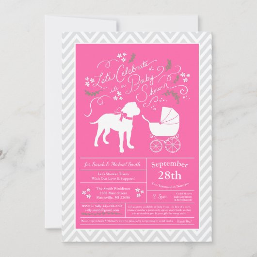 Invitation Bull Mastiff Chien Baby shower fille rose (Devant)