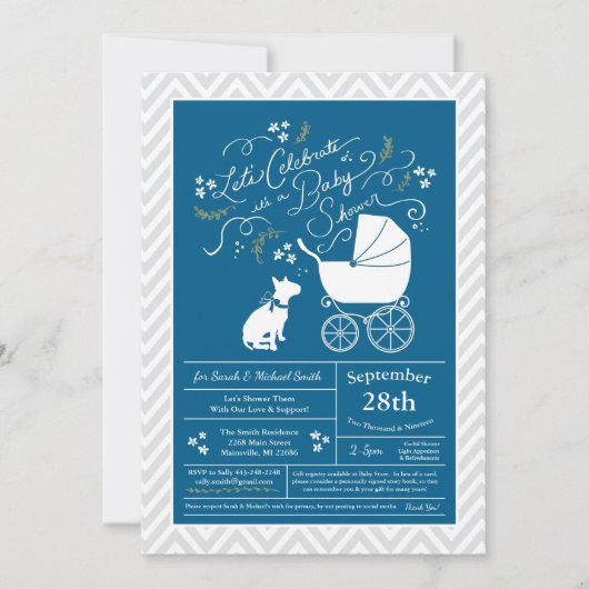 Invitation Bull Terrier Chien Baby shower Blue Boy (Devant)