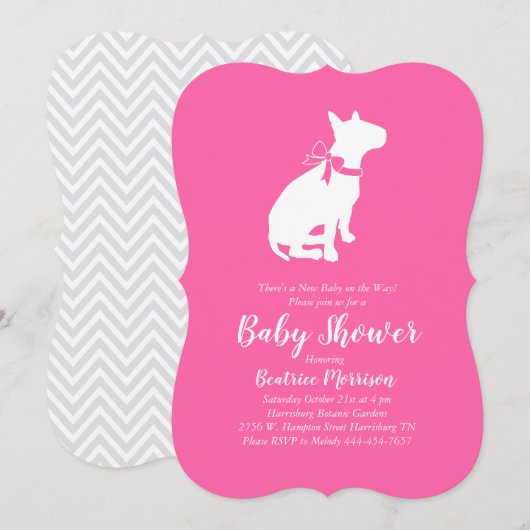 Invitation Bull Terrier Chien Baby shower fille rose (Devant / Derrière)