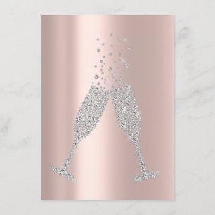 Invitation Bulle de Champagne Verre Gris Argent Diamant Rose